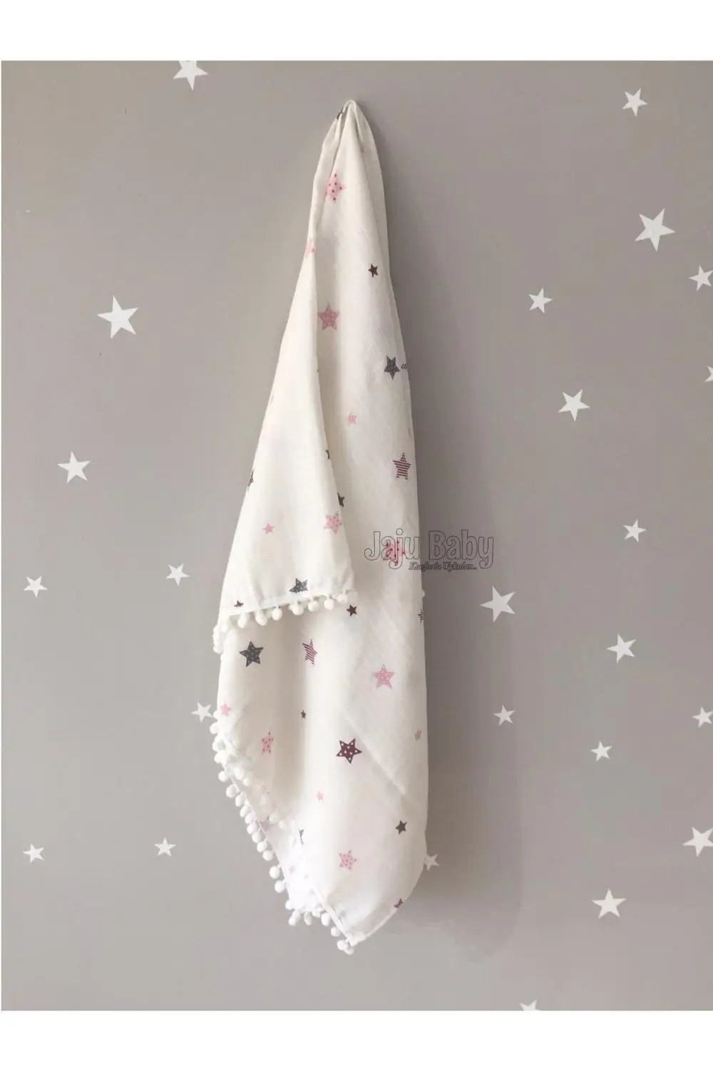

Jaju Baby Star Patterned Pompom Muslin Throw