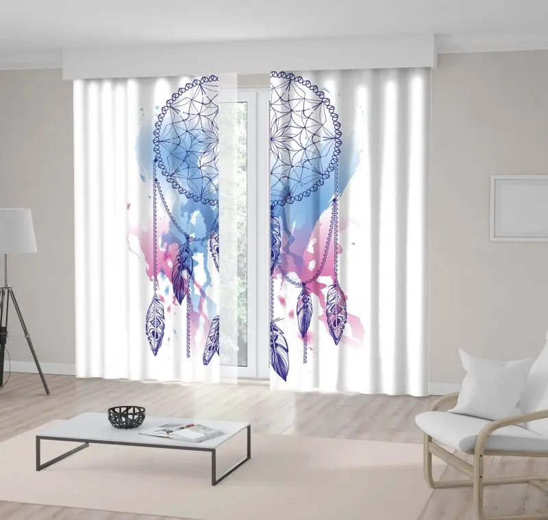

Curtain Dream Catcher with Feathers Watercolor Effect Bohemian Style Tribal Artwork in Purple Blue Fuchsia Colors Printed