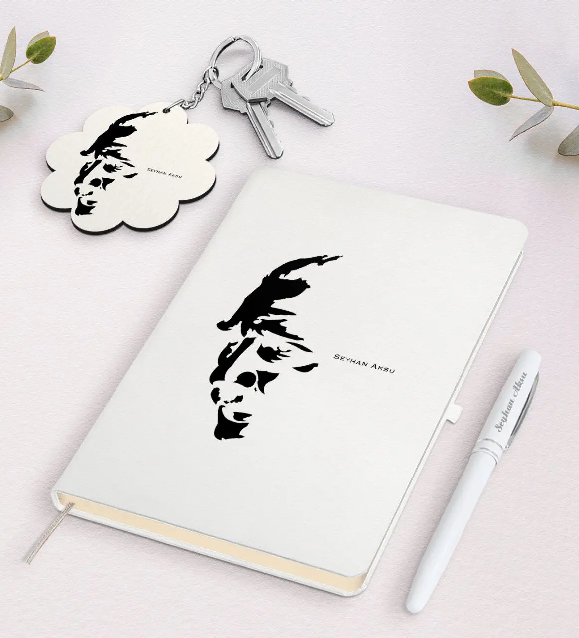 

Personalized Ataturk Themed White Notebook Pen And Keychain Gift Seti-7