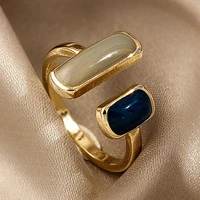 adjustable crystal rings for women french vintage open ring for female romantic gold rings with blue gem wedding promise jewelry