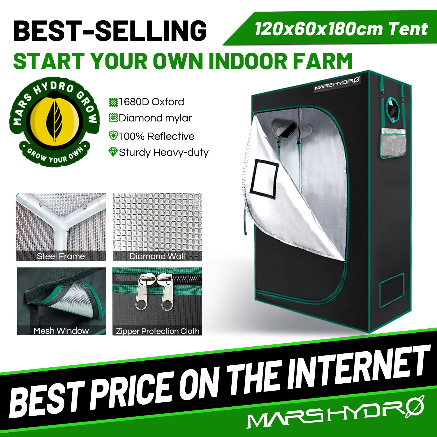 

1680D Mars Hydro 120X60X180cm Indoor LED Grow Tent Indoor Growing System Non-toxic plant room Indoor garden Water-proof hut
