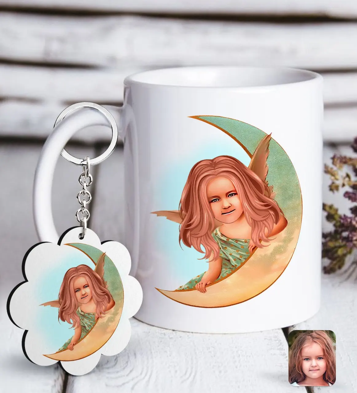 

Персонализированная белая кружка с изображением ангела и брелок в подарок для девочек Seti-1