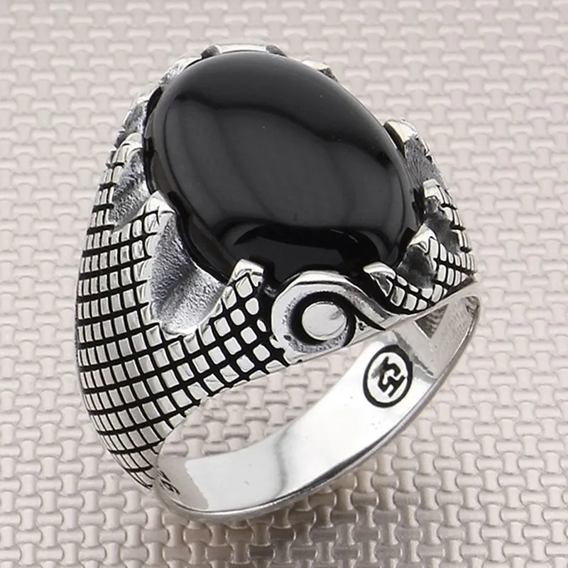 

Gothic Design Motif Black Onyx Turquoise Agate Zircon Stones 925 Sterling Silver Ring For Men's Turkish Jewelry All sizes