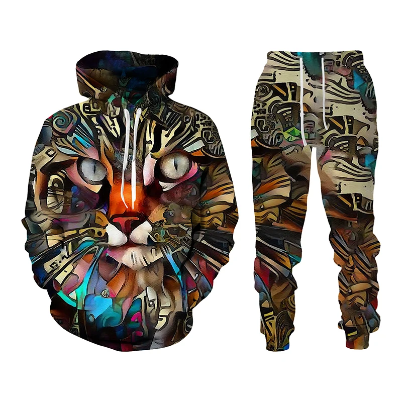 

Harajuku Men Tracksuit Funny Cat Printed Pullover Hoodies and Sweatpant Sets Hip Hop Style Men's Clothing Casual Sportswear