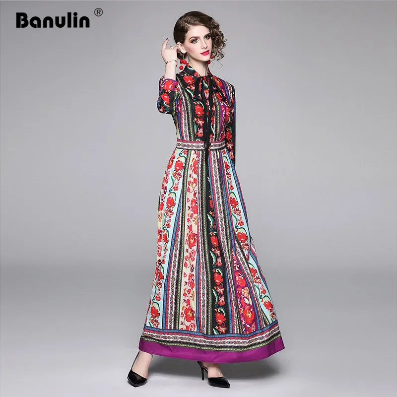 Banulin осень, женские платья с круглым вырезом, длинными рукавами, бантом, цветочным принтом, в полоску, плиссированные, элегантные, макси, Подиумные, длинные платья