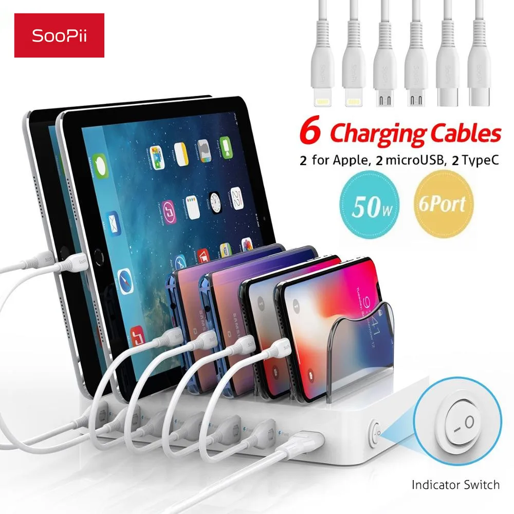 soopii 50w10a 6 port usb charging station for home and office 6 cables included for phones tablets and other electronics free global shipping