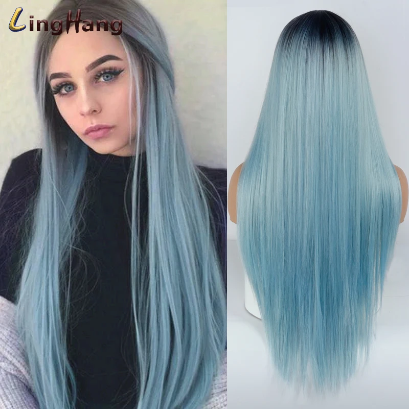 

LingHang Black Blue Long Straight Synthetic Hair Wig For Women 26 inch Can Be Cosplay Wigs Heat Resistant Middle Part Wigs