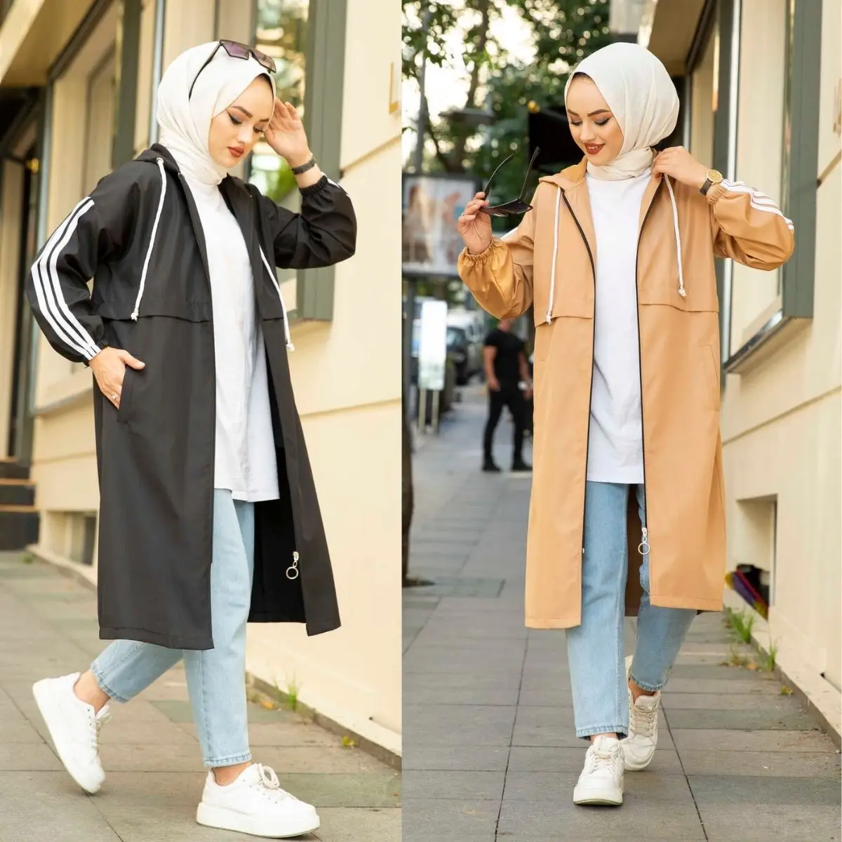 

Striped Sleeves Detailed Trenc Zippered Hooded Long Winter Seasonal Turkey Dubai Islamic Women Muslim Hijab Clothing
