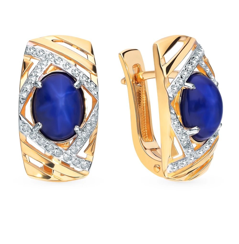 Золотые серьги с звездчатыми сапфирами и бриллиантами SUNLIGHT проба