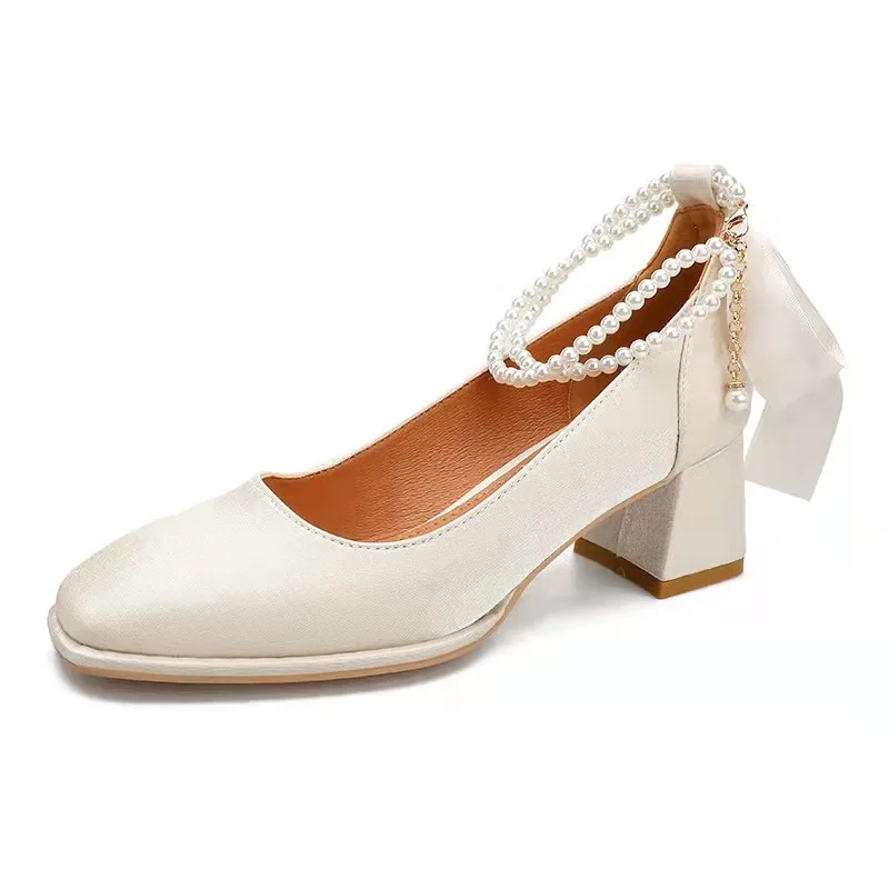 

Square To High Heel Block Heel Mary Jane Women's Shoes 2022 New Eed Wedding Shoes Advanced Feeling Pearl Medium