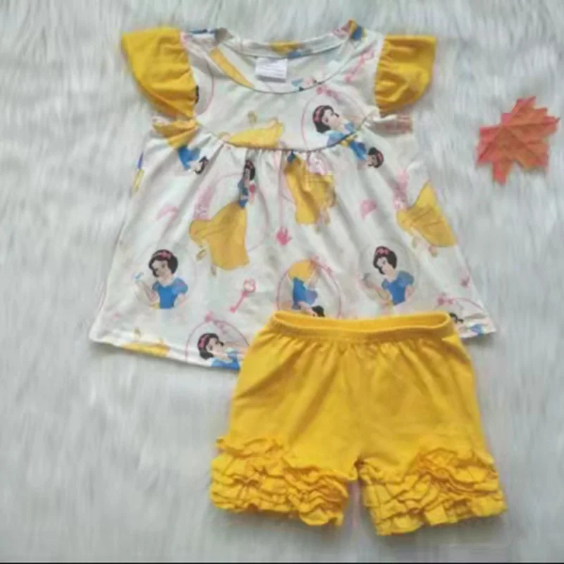 

little girl clothing summer baby kids clothes flutter sleeve cartoon top and yellow ruffle shorts outfit children clothing set