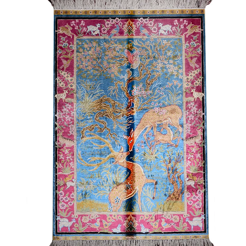 

FangCunJinXiu 2.7'x4' Square Handmade Silk Area Rugs Deer Trees Blue Classic Handiwork Carpet for Door Mat Or Tapestry