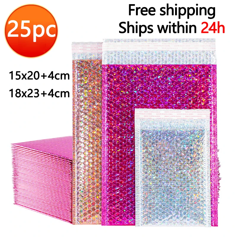 

25PC Laser Rose Gold Packaging Shipping Bubble Mailer Gold Foil Plastic Padded Envelopes Gift Bag Mailing Envelope Bag
