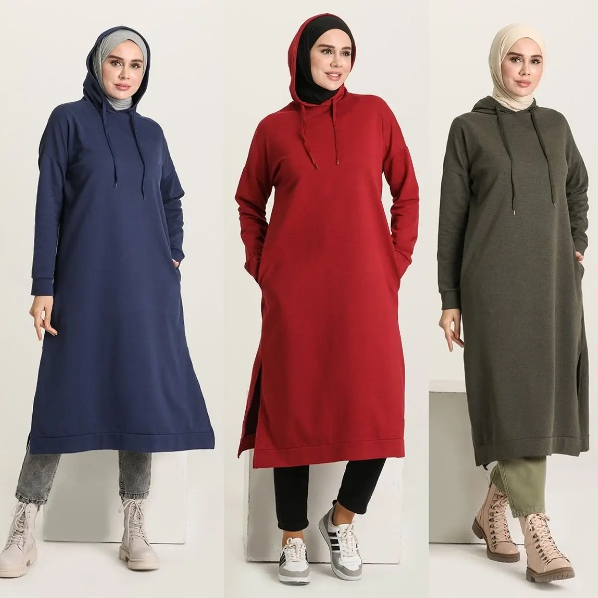 

Hooded Tunic Pocket Long Sleeve Women's Tracksuits Sport Casual Ribbed Hijab Clothing Muslim Fashion Turkey Islamic Dubai