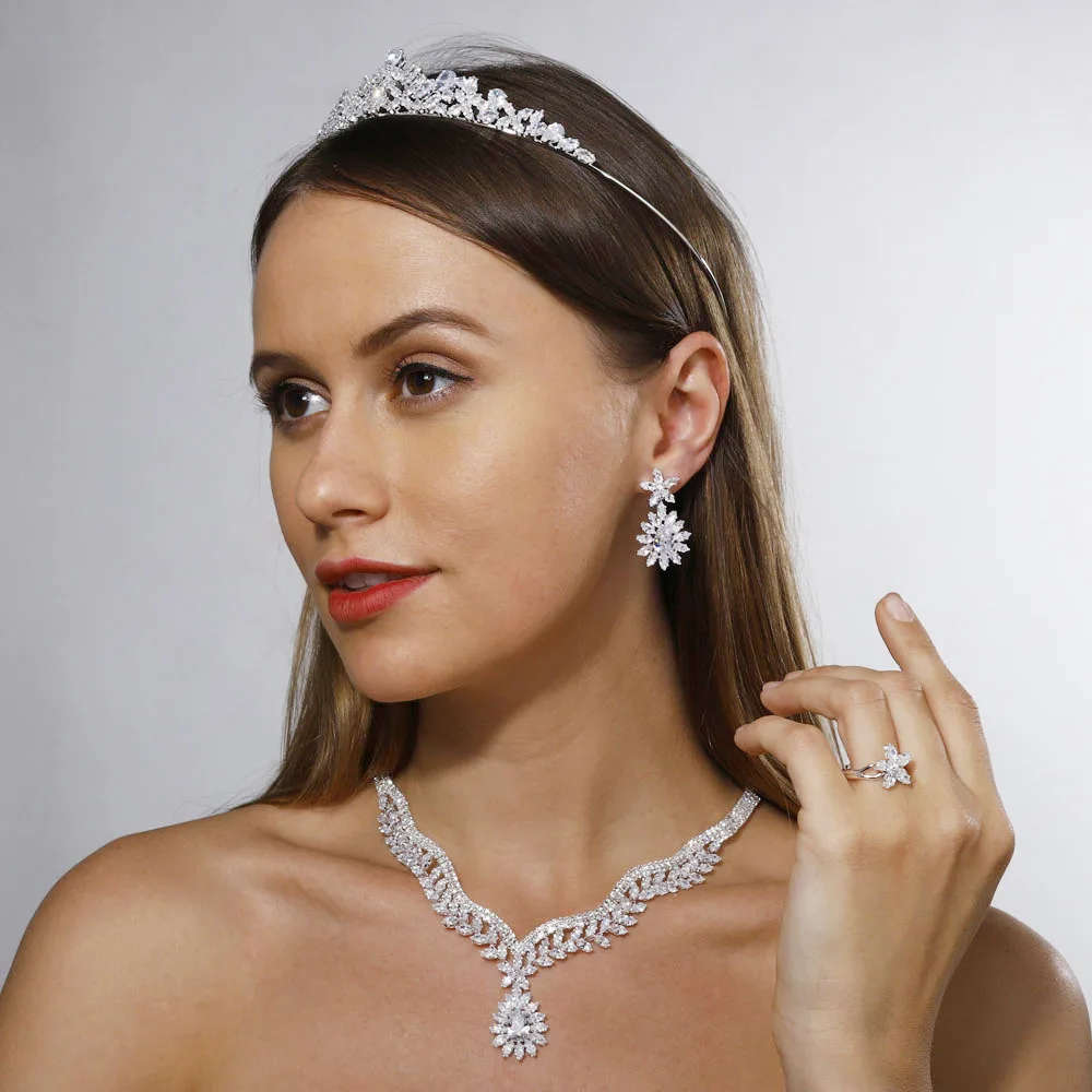 High Quality Cubic Zirconia 5pcs Jewelry Set Bridal Bridesmaid Wedding Luxury Necklace Set Necklace Earrings Bracelet Ring Crown