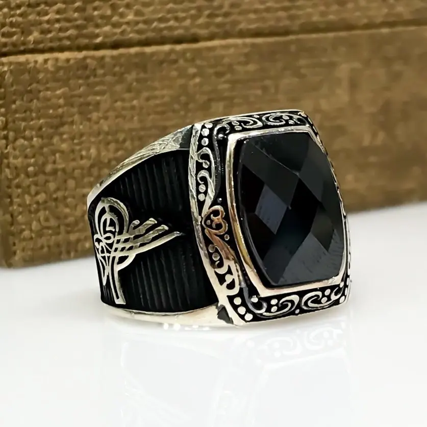 Простое вежливое мужское кольцо из стерлингового серебра черного оникса|Кольца|