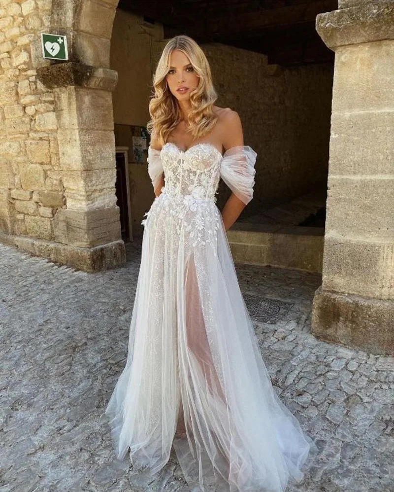 Off Shoulder Boho Wedding Dresses For Women 2022 Tulle Sweetheart Beach Bridal Gown Pleated Sleeves Illusion Summer grace kelly wedding dress