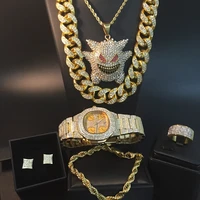 luxury men gold color watch necklace braclete ring earrings combo set hip hop necklace chain ice out cuban in crystal