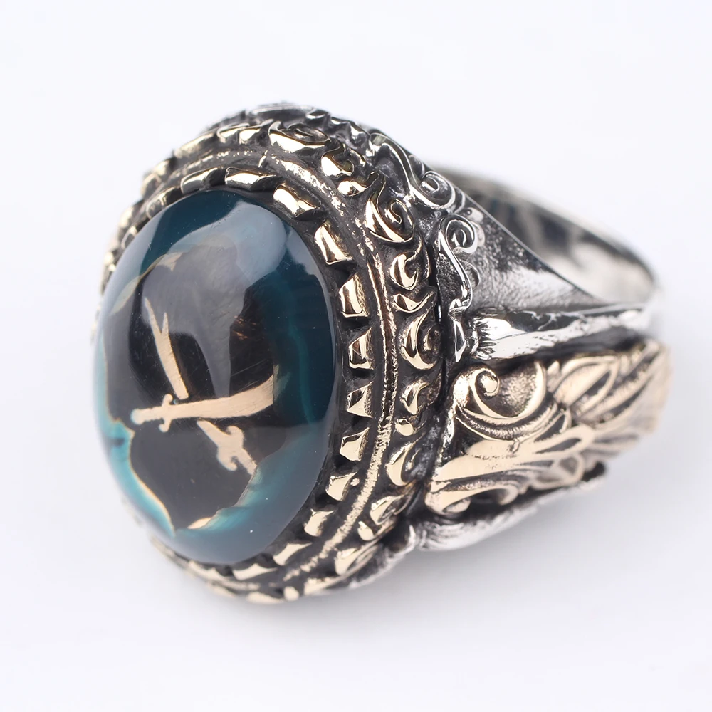 

Zulfiqar sword Printed Blue Agate Silver Ring, 925 S Silver Ring For Man, Silver Man Agate Ring