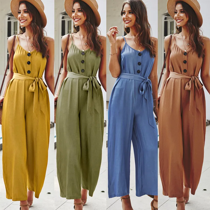 

Button Pocket Sash Jumpsuit Women Summer 2020 Loose Wide Leg Pants Jumpersuit Casual Lace Up Sleeveless Sexy Rompers Overalls