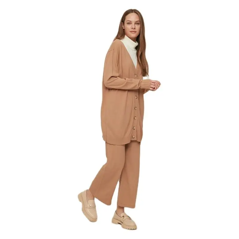 

Camel V-Neck Button Detailed Long Knitwear Bottom-Top Suit Women's Clothing Muslim Fashion Spring Summer Autumn Creation