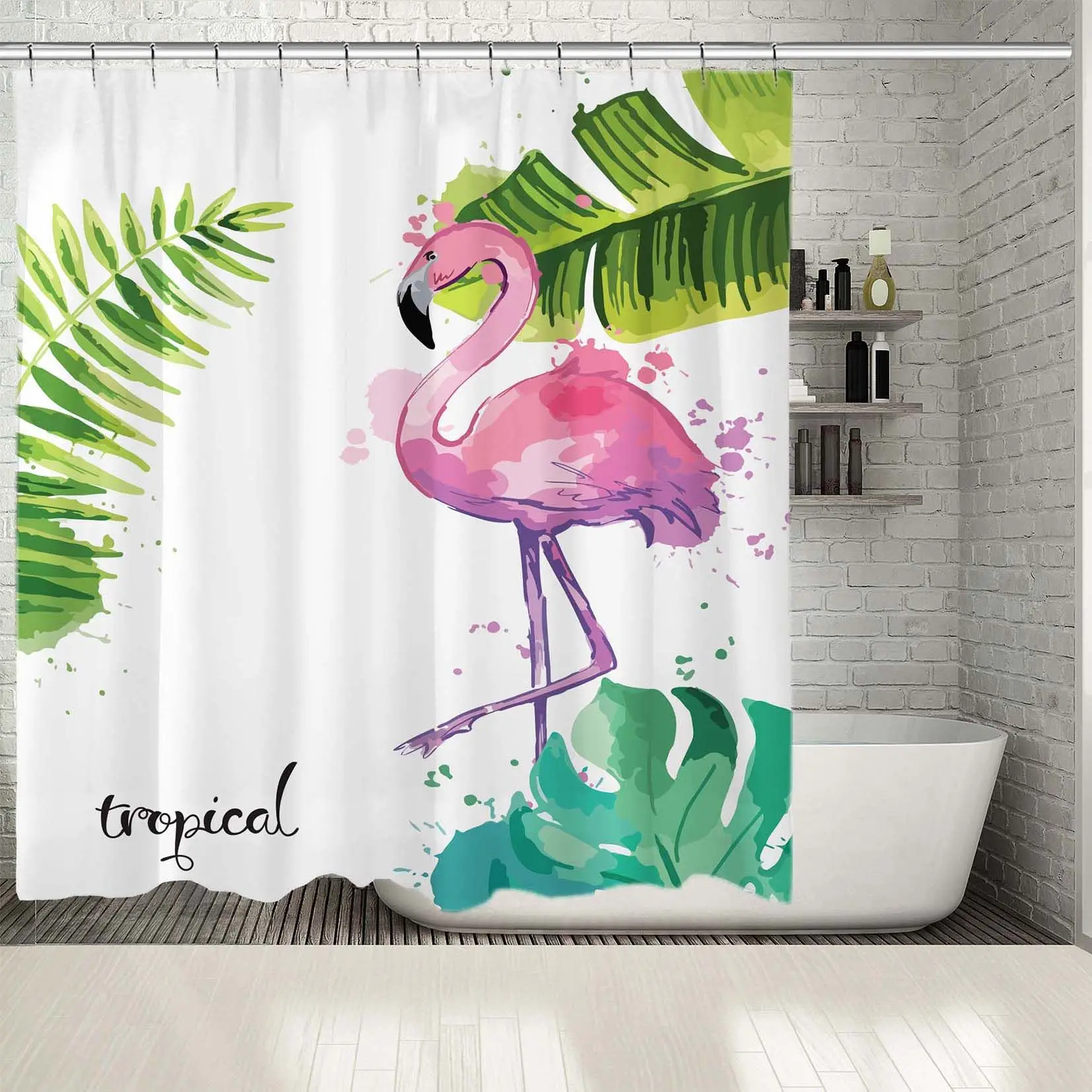 Занавеска для душа тропические листья и фламинго экзотический лес дикая природа