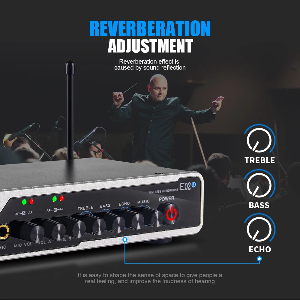 Беспроводная микрофонная система Debar E02U 2 портативных с Bluetooth и реверберацией для