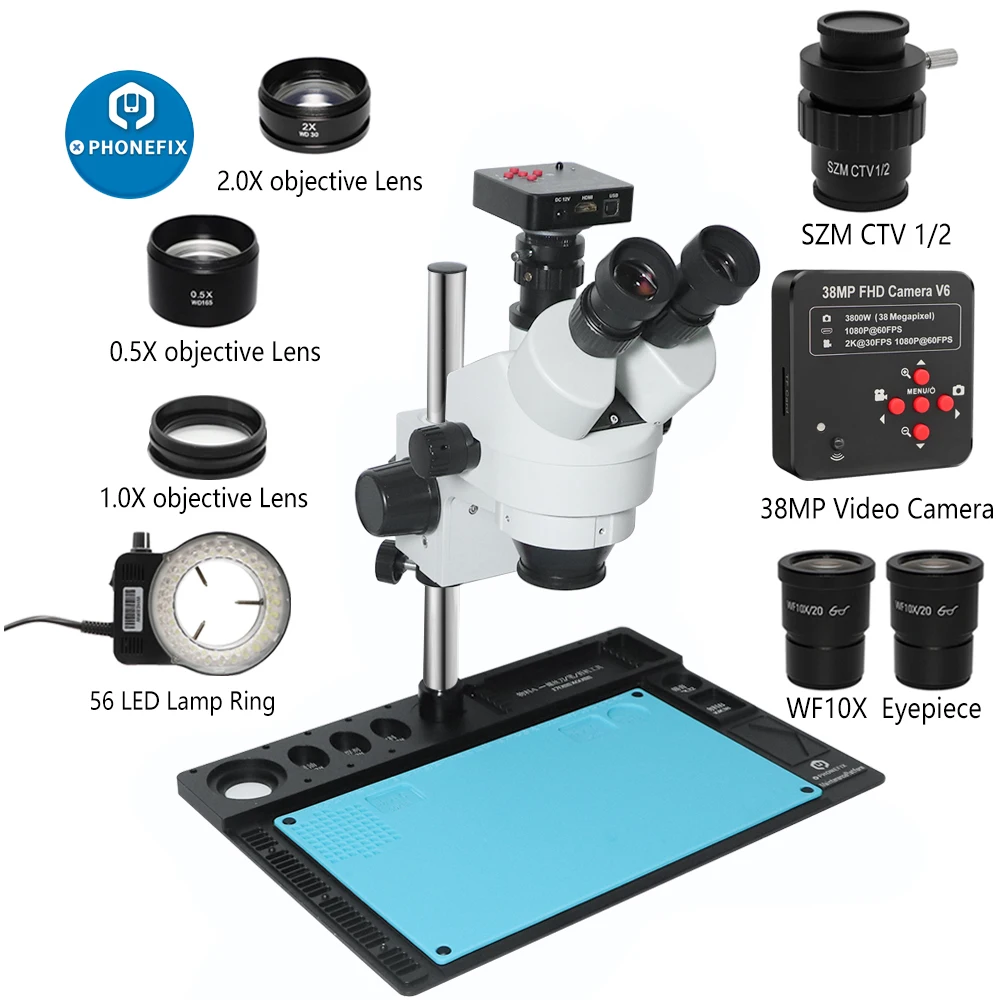 

3.5X 90X Simul-focal Trinocular Stereo Microscope Industrial 1080P 60FPS 2K 38MP/VGA HDMI Camera For Phone PCB Soldering Repair