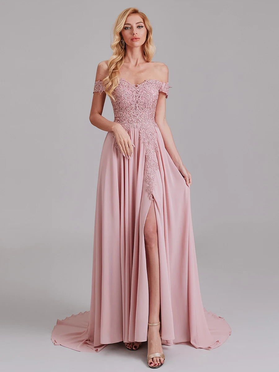 

Loyeloy Spring Lace Chiffon Prom Dresses Sweetheart Slit Women Prom Gowns Long Party Gowns