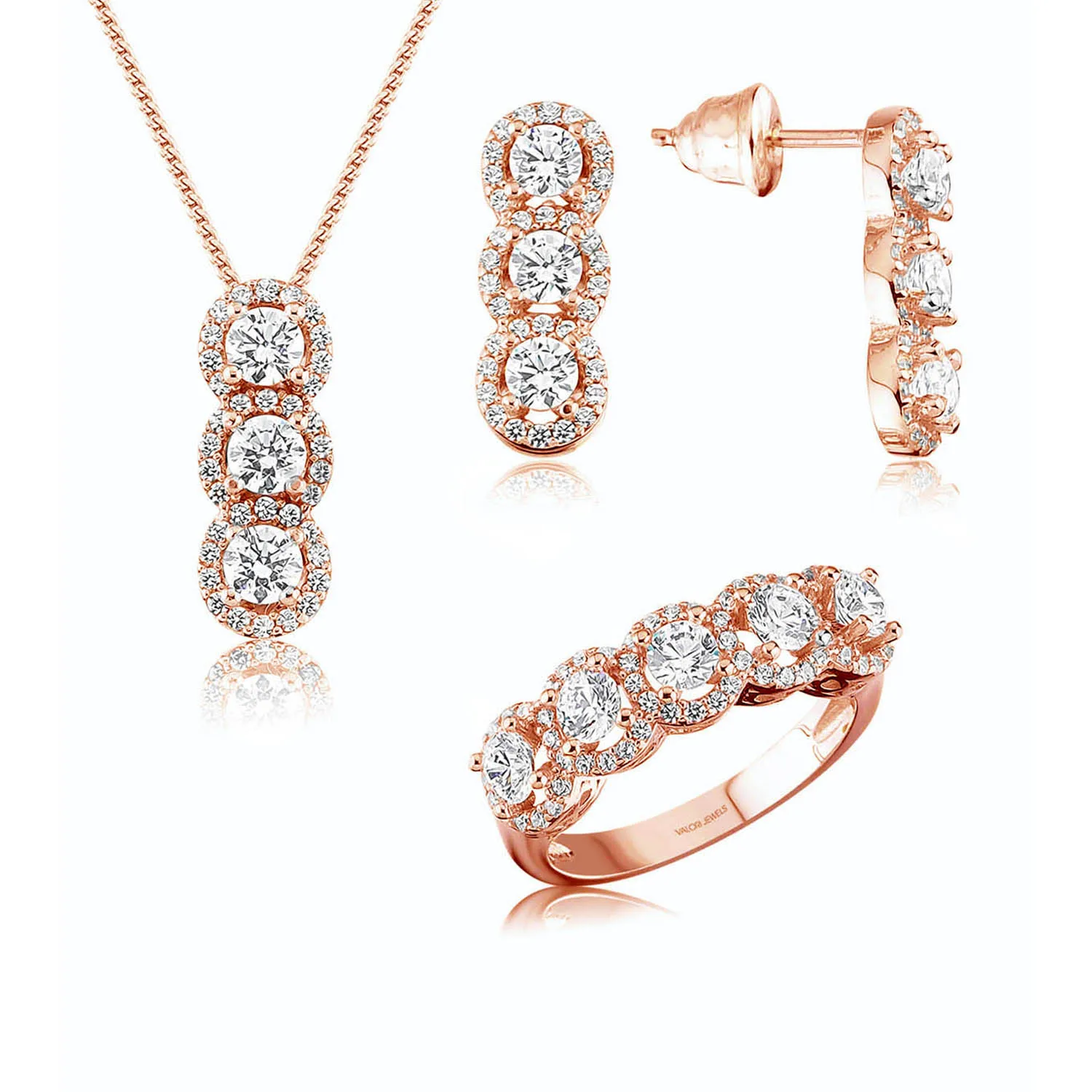 

Valori Jewels 3 Carat, Zirconia White Round Gemstone, Rose Gold Plated, Five Stone Trio Set