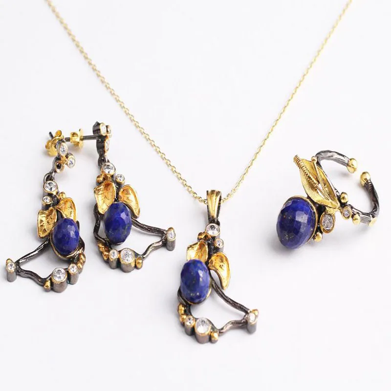 

Woman Handmade Oval Blue Lapis Lazuli 925 Silver Jewelry Set, Lapis Lazuli ring,Lapis Lazuli Necklace, Lapis Lazuli