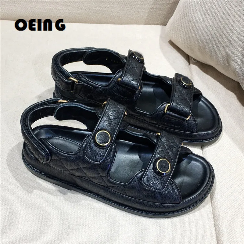 

Summer Women Flat Sandals Genuine Leather Quilted Dad Sandals Hook and Loop Straps Mule Slide Strap Comfort Flats Women Shoes