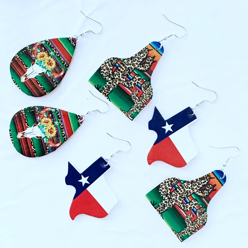 

3pairs Women Oil Painting Cow Tags Bull Head Texas Earrings Western Style for Leather Dangle Earrings Vintage
