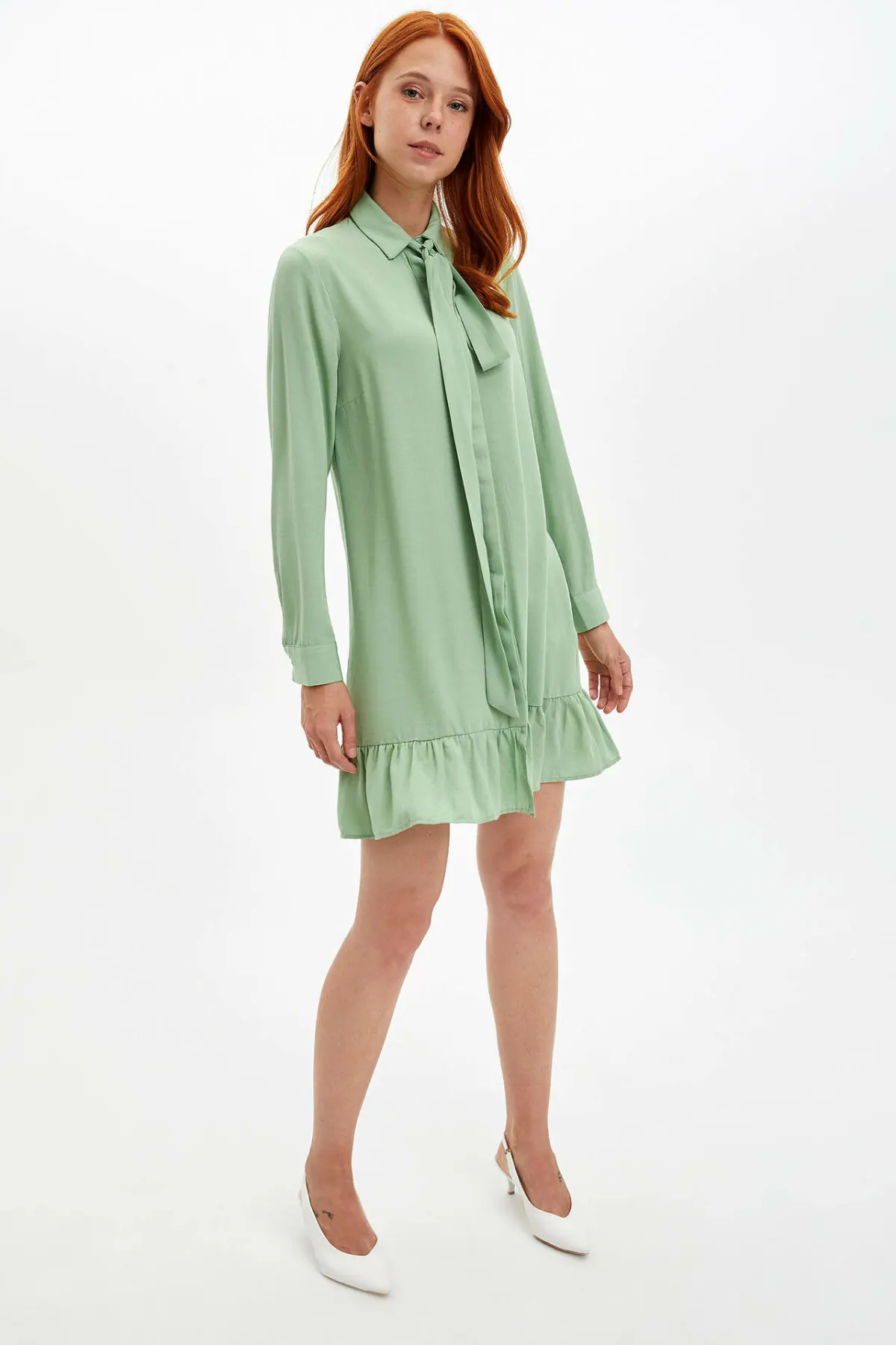 DeFacto женское модное Тканое платье с отворотом и длинными рукавами очаровательное