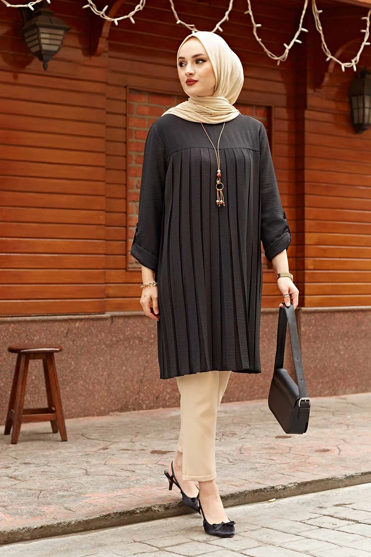 

Women Muslim Fashion Pleated Tunic Long Tunic Islam Islamic Ramadan Hİjab Fashion Muslim Tops With Necklace Spring Summer Turkey