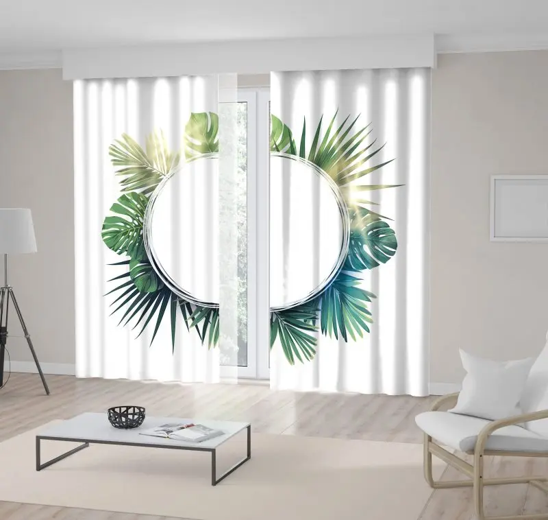 

Curtain Exotic Palm Leaves and Plants Frame Wreath Tropical Theme Floral Artwork Green White