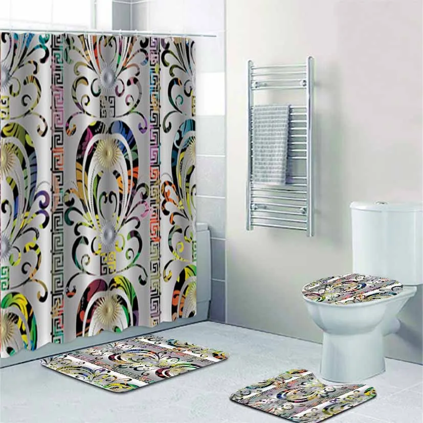 

3D Luxury Floral Silver Damask Greek Key Ornament Shower Curtain and Bath Rug Set Colorful Meander Bathroom Curtains Mats Decor