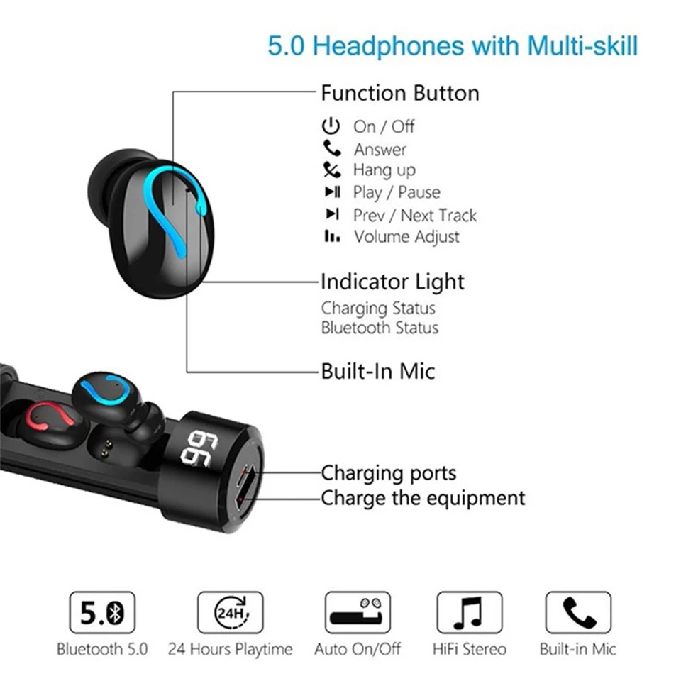 TWS стереонаушники с поддержкой Bluetooth 5 0 и зарядным футляром на 3500 мА · ч|Наушники