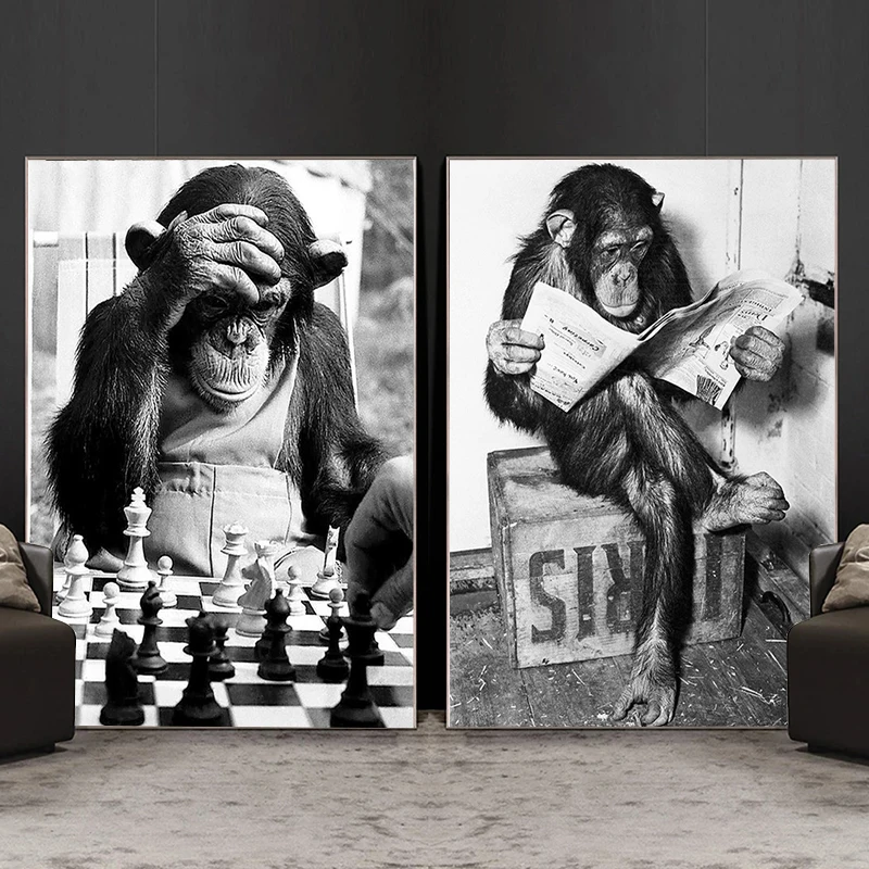 

Funny Monkey Play Chess Canvas Painting Wall Art Black And White Gorilla Read Newspaper Poster Prints For Living Room Home Decor