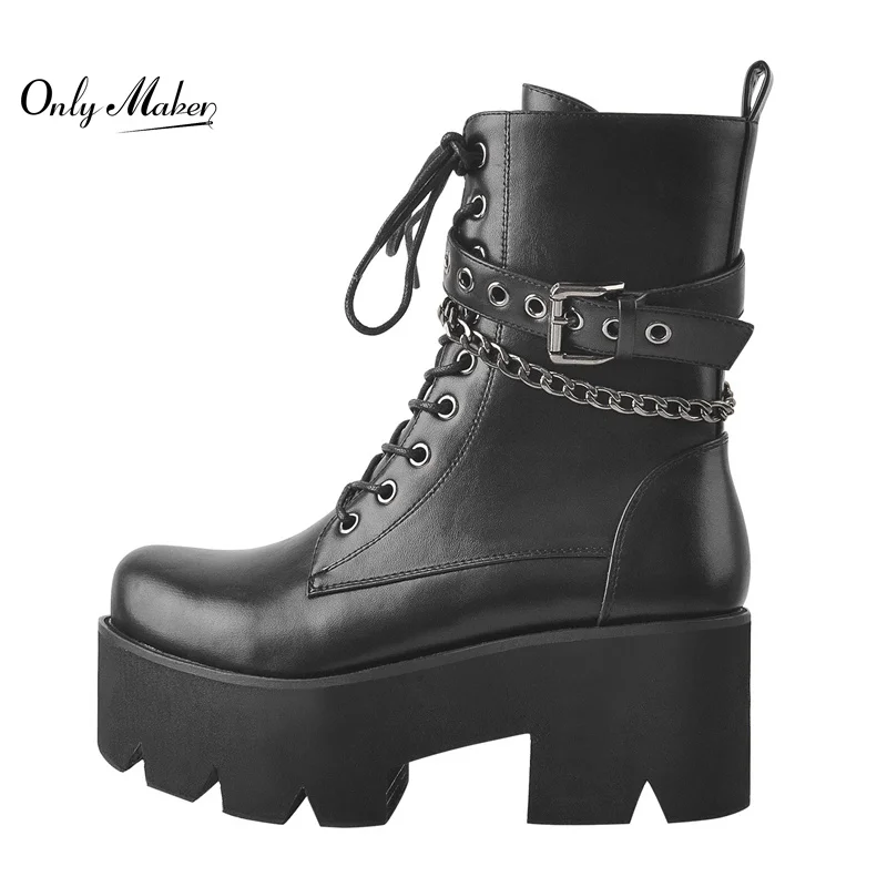 

Onlymaker Round Toe Boots Metal Chain Platform Lace-up Matte Black Martin Boots Zipper Big Size