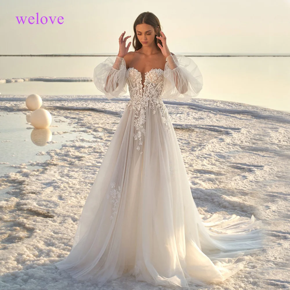 

Verngo A Line Silk Tulle Wedding Dress Long Puff Sleeve Floral Applique 2022 Bride Dress Beach Off Shoulder Sexy Wedding Gowns