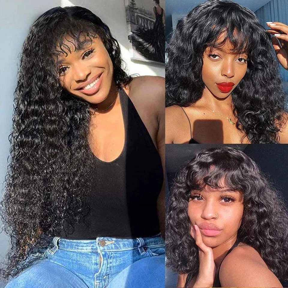 Deep Wave Wig Brazilian Human Hair Wigs With Bangs Full Machine Made Wig For Black Women 14-30 Inch Glueless Fringe Wigs