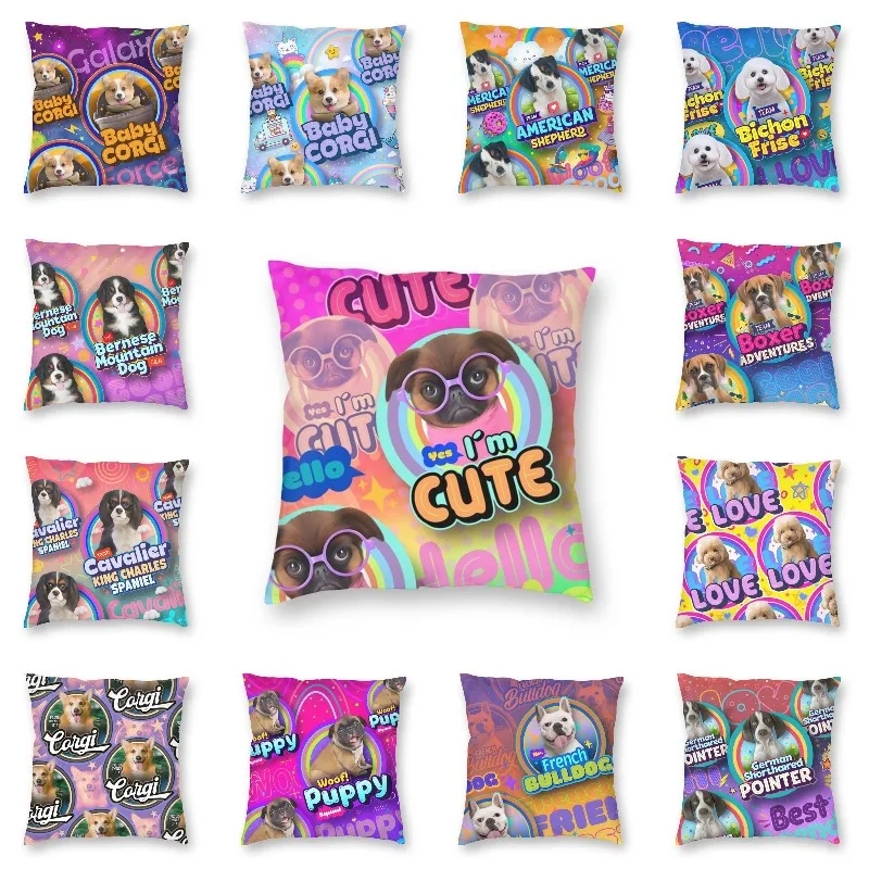 

Vibrant Cute Pug Dog Gift Square Throw Pillow Case Home Decorative Print Cartoon Puppy Pattern Cushion Cover for Living Room
