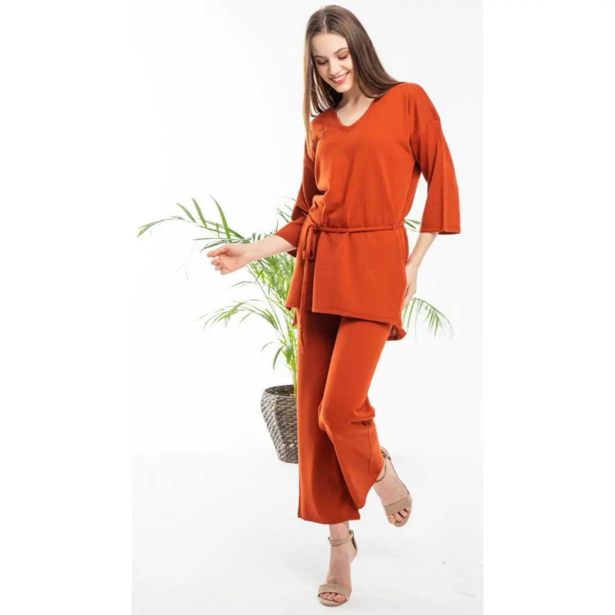 

2 Piece Pant and Belted Shirt Womens Loose Set Comfortable Cotton Turkish Set For 4 Seasons Pullover Shirt Sweater Pant