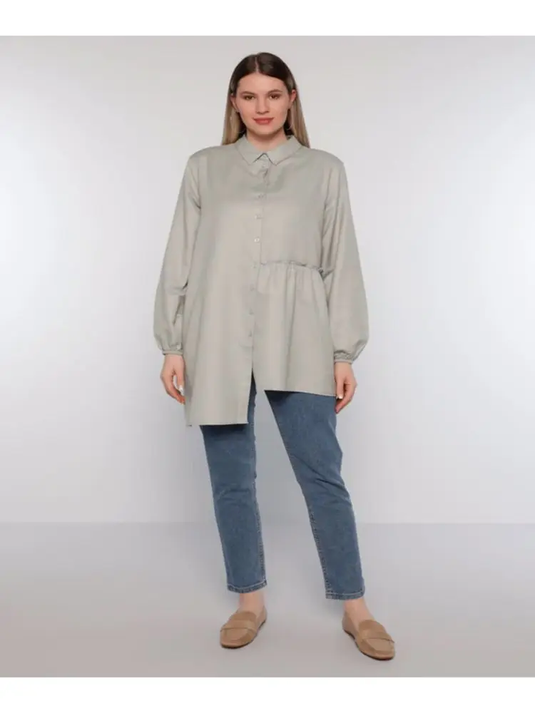 

Plus Size Asymmetric Cut Tunic Pointed Collar Long Sleeve Cotton Fabric Women's Tops Muslim Fashion 2021 Autumn Summer Season Hi