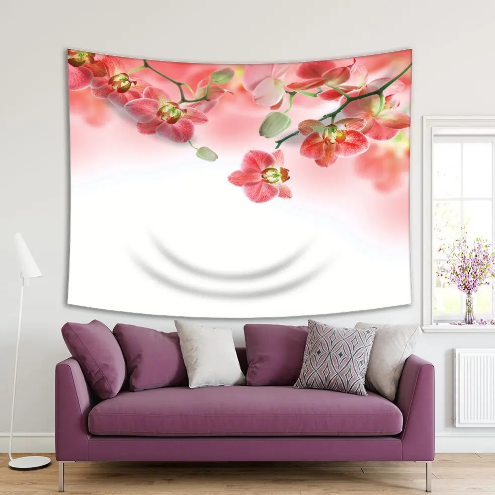 

Tapestry Orchids Branches Tropical Flowers Buds on Becomes Blurred Background Decorating Photo Printed Red Pink White