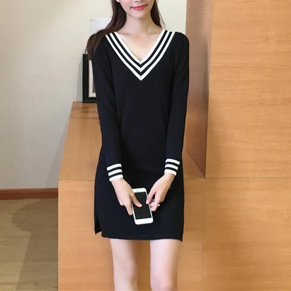 Women Dress Winter Autumn Korean Elegant V Neck Long Sleeve Sweater Female Casual straight Slip Mini Knitted Dresses | Женская одежда