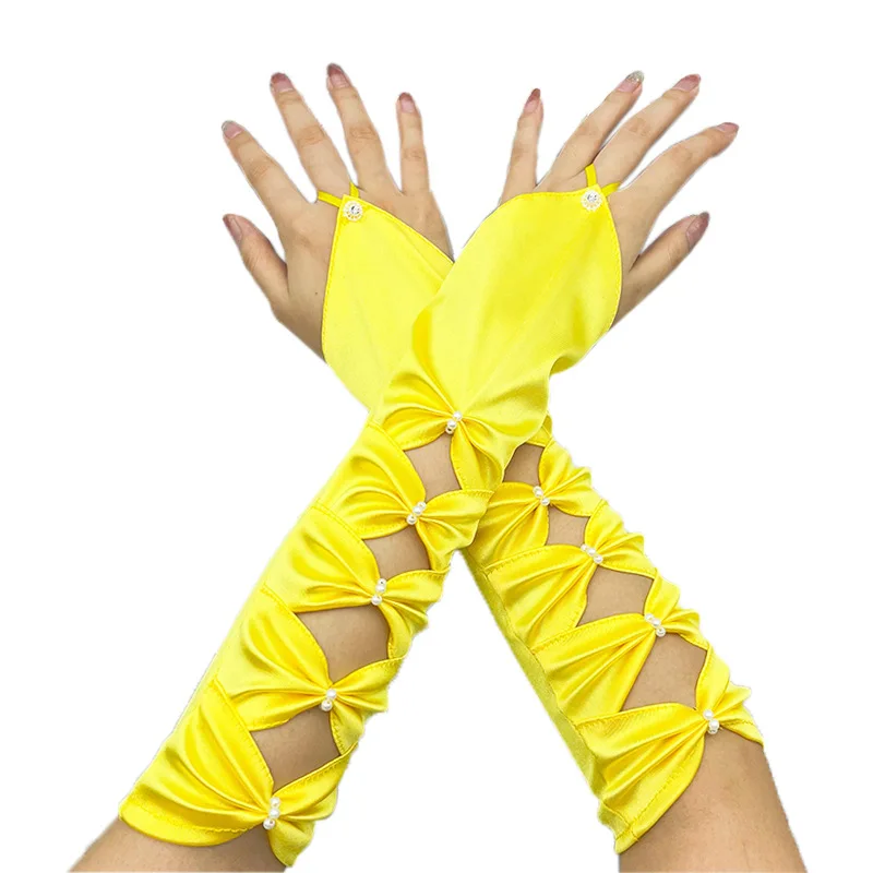 

Elegant Yellow Satin Wrist Thin fingerless Dress Gloves Women Retro Pleated Elastic Silky Etiquette Party Purple Glove