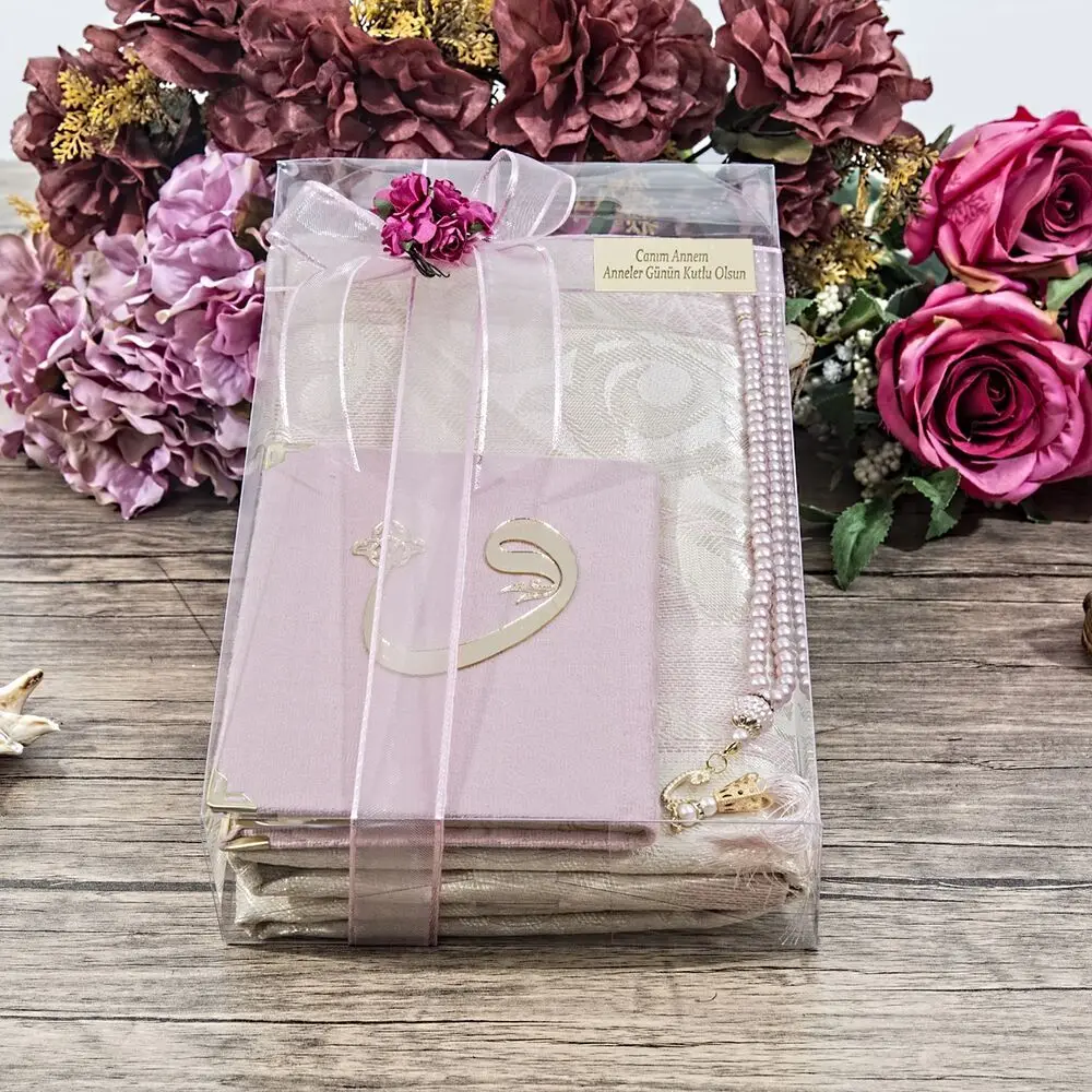 İpek Nur Prayer Rug, Bag Size Velvet Yasin, Pearl Rosary, Decorated Gift Set Pink  FREE SHİPPİNG Set FREE SHİPPİNG