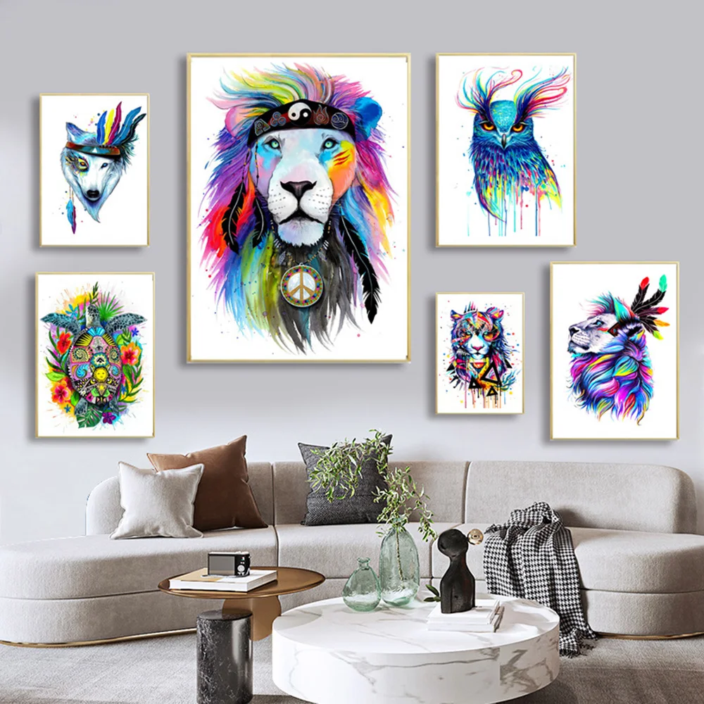 

Nordic Abstract Color Canvas Oil Painting Turtle Tiger Wolf Animal Poster Wall Art Prints Picture for Living Room Home Decor